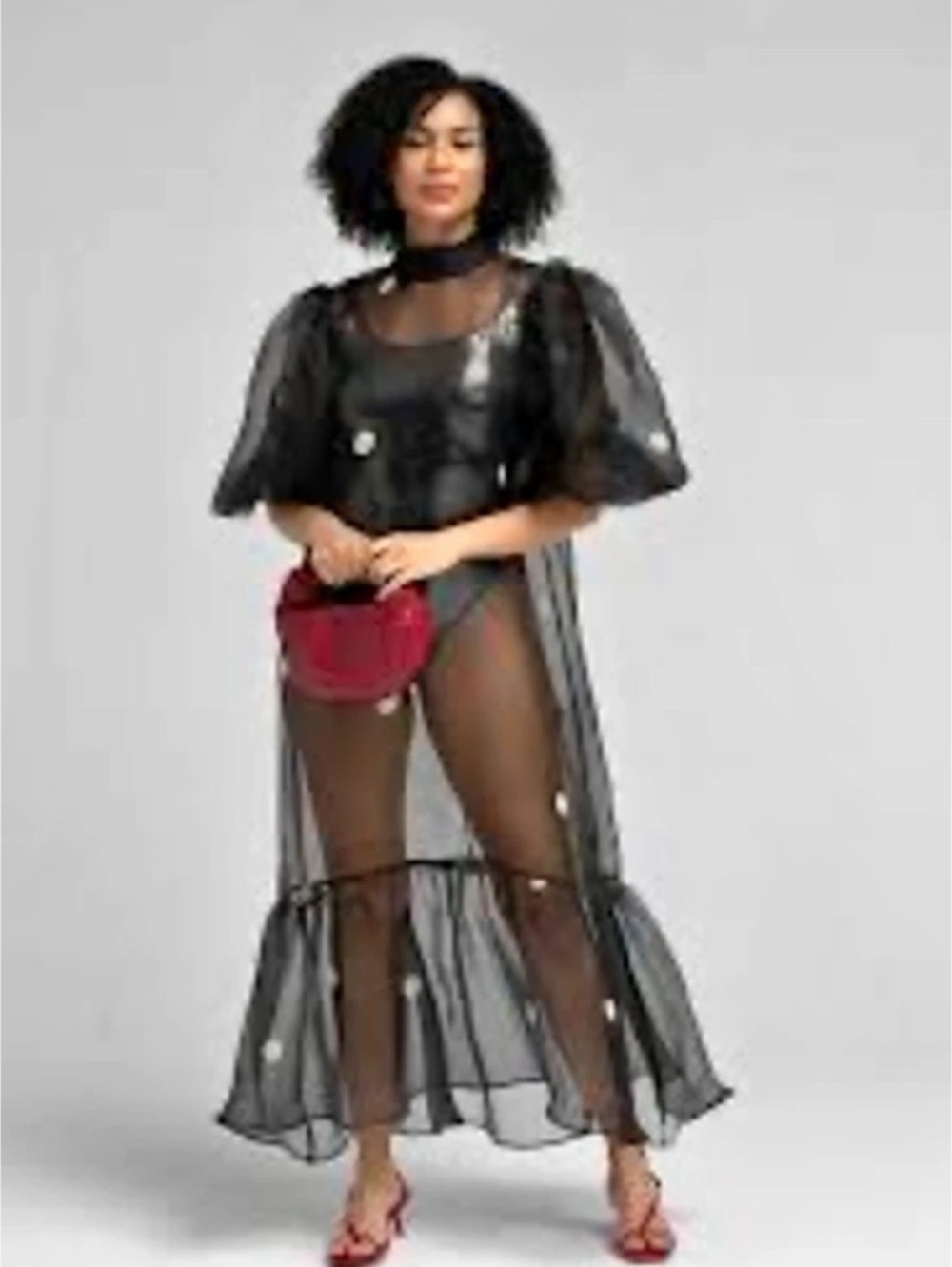 H&M Black Sheer Polka Dot Puff Sleeve Maxi Dress Size L Rare